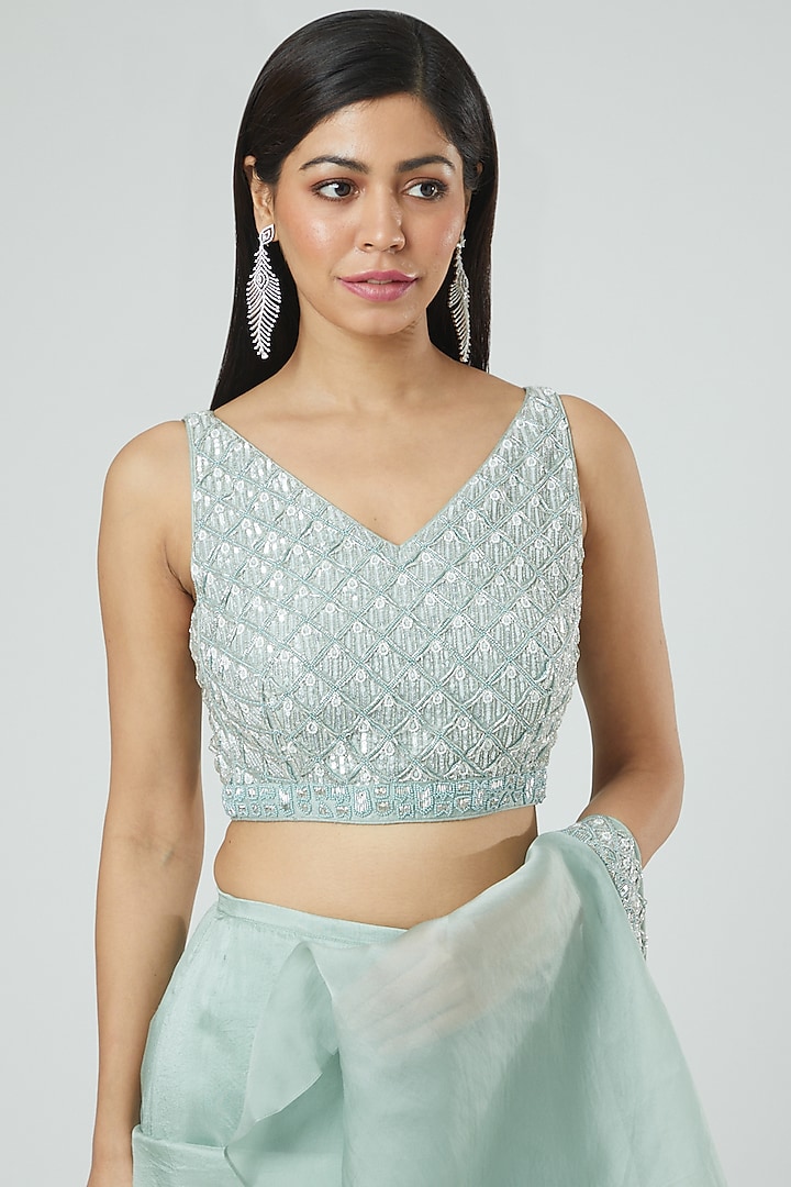 Sage Green Embroidered Draped Wedding Saree Set by Disha Patil at Pernia's Pop Up Shop