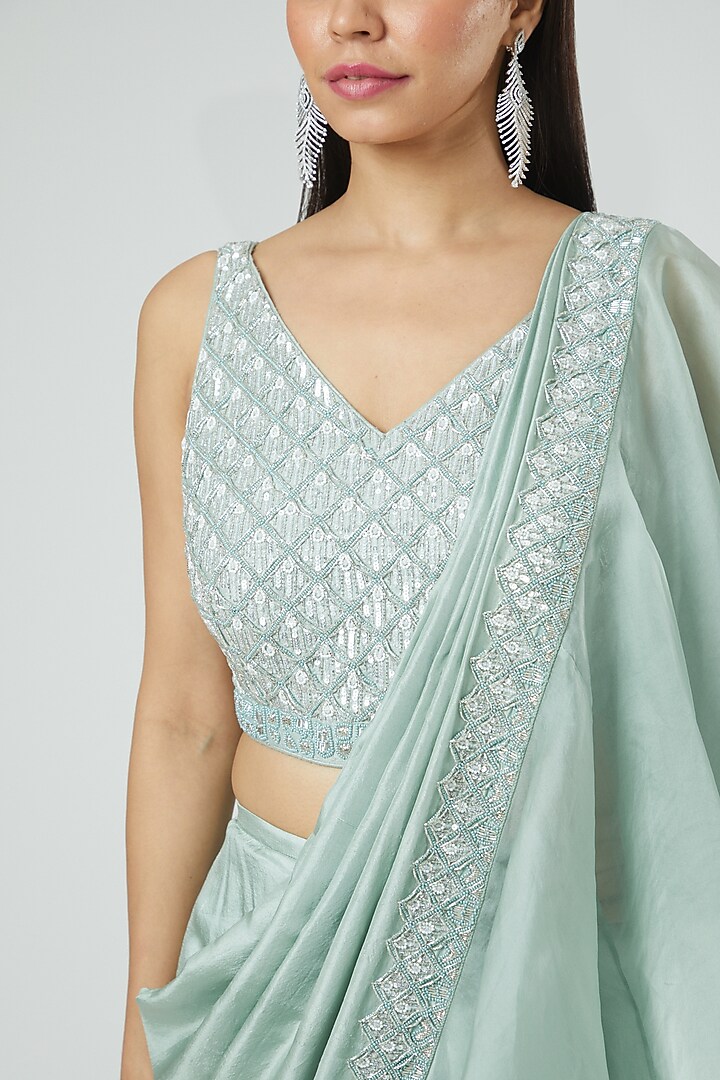 Sage Green Embroidered Draped Wedding Saree Set by Disha Patil at Pernia's Pop Up Shop