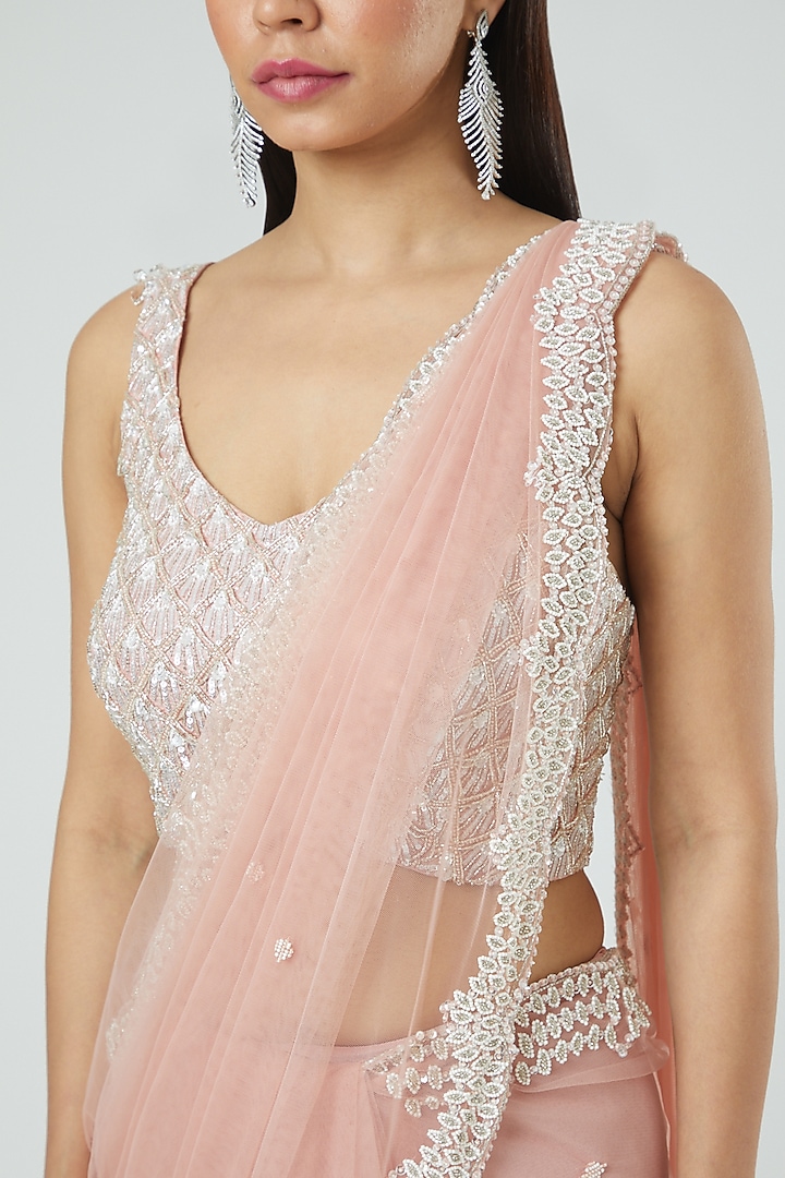 Old Rose Net Embroidered Draped Wedding Saree Set by Disha Patil at Pernia's Pop Up Shop