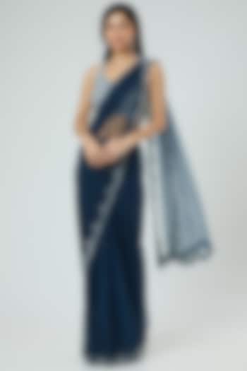 Midnight Blue Embroidered Draped Wedding Saree Set by Disha Patil at Pernia's Pop Up Shop