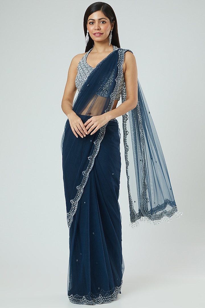 Midnight Blue Embroidered Draped Wedding Saree Set by Disha Patil at Pernia's Pop Up Shop