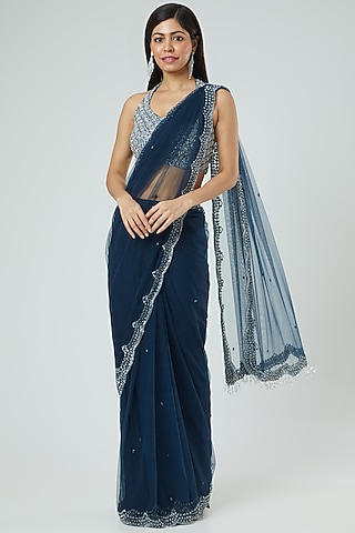 Midnight Blue Embroidered Draped Saree Set by Disha Patil