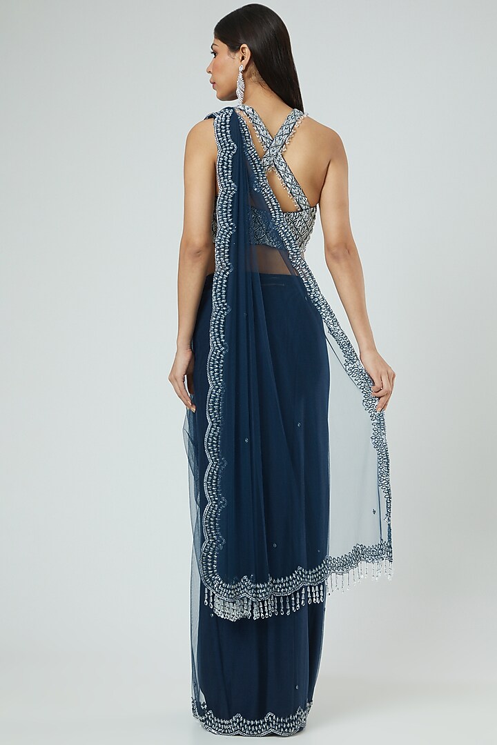 Midnight Blue Embroidered Draped Wedding Saree Set by Disha Patil at Pernia's Pop Up Shop