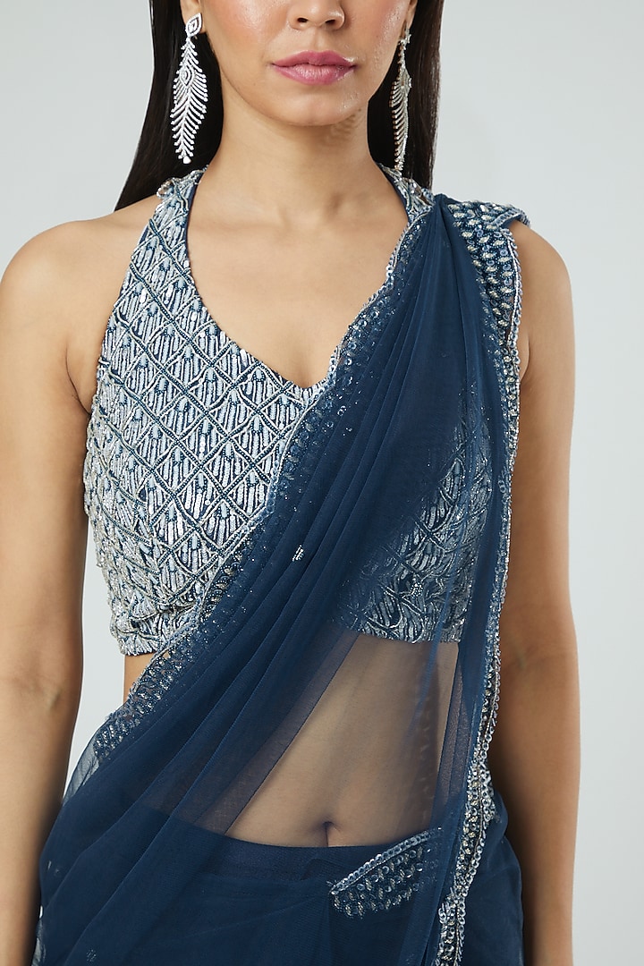 Midnight Blue Embroidered Draped Wedding Saree Set by Disha Patil at Pernia's Pop Up Shop
