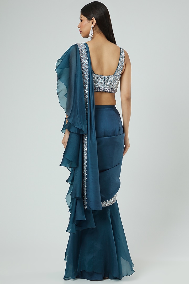 Teal Embroidered Draped Wedding Saree Set by Disha Patil at Pernia's Pop Up Shop