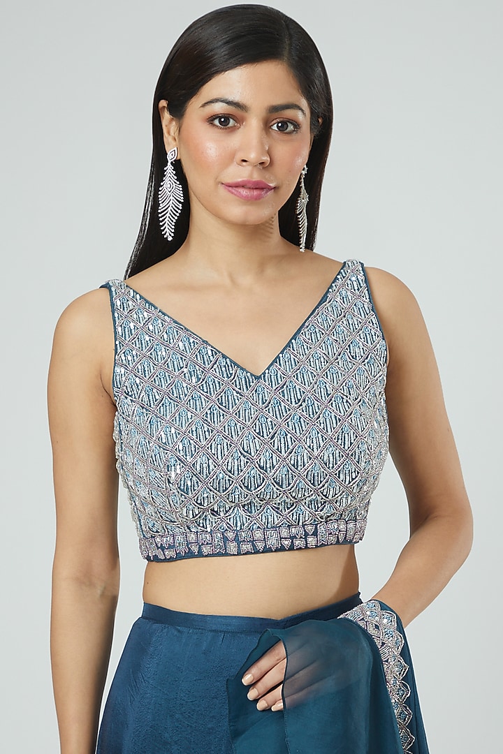Teal Embroidered Draped Wedding Saree Set by Disha Patil at Pernia's Pop Up Shop