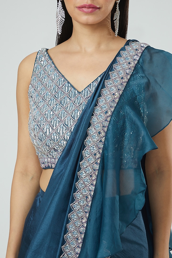 Teal Embroidered Draped Wedding Saree Set by Disha Patil at Pernia's Pop Up Shop