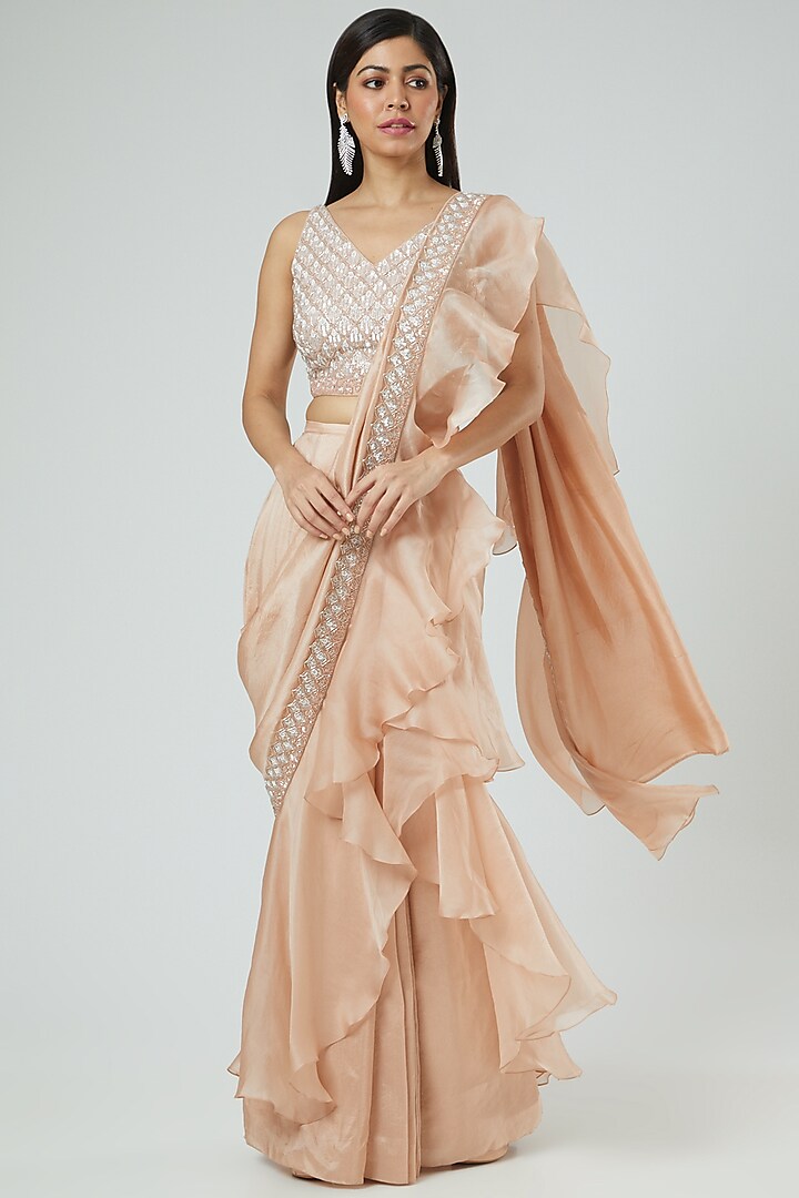 Champagne Gold Dupion Sequins Embroidered Draped Saree Set by Disha Patil