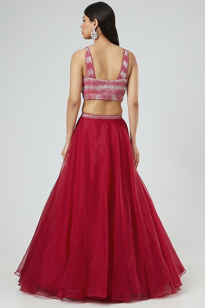 Cherry Red Organza Wedding Lehenga Set by Disha Patil at Pernia's Pop Up Shop