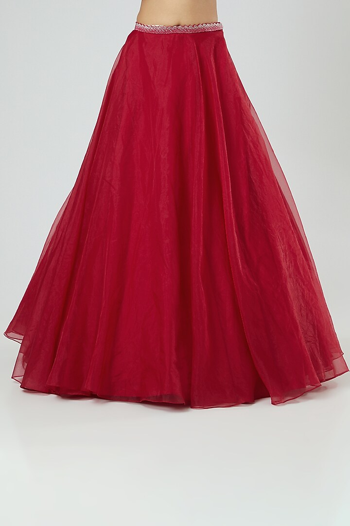 Cherry Red Organza Wedding Lehenga Set by Disha Patil at Pernia's Pop Up Shop