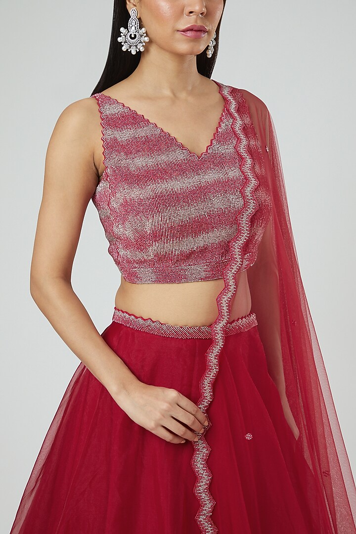 Cherry Red Organza Wedding Lehenga Set by Disha Patil at Pernia's Pop Up Shop