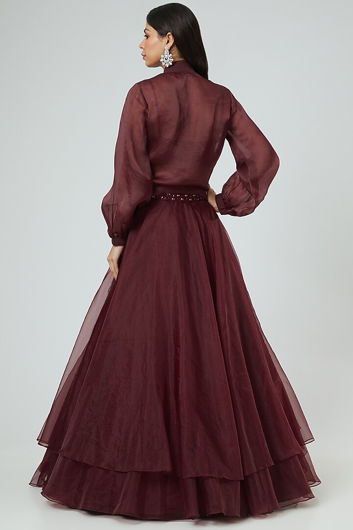 Maroon Embroidered Jacket Wedding Lehenga Set by Disha Patil at Pernia's Pop Up Shop