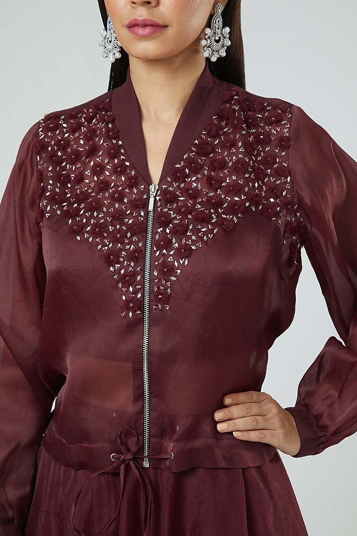 Maroon Embroidered Jacket Wedding Lehenga Set by Disha Patil at Pernia's Pop Up Shop