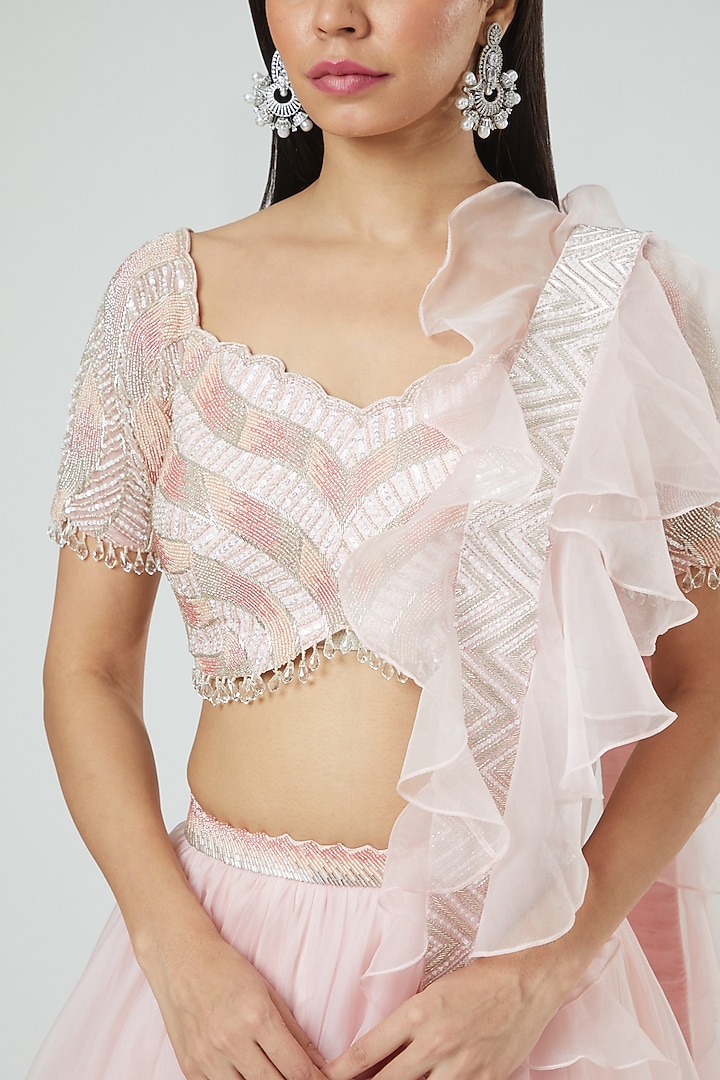 Powder Pink Organza Embroidered Wedding Lehenga Set by Disha Patil at Pernia's Pop Up Shop