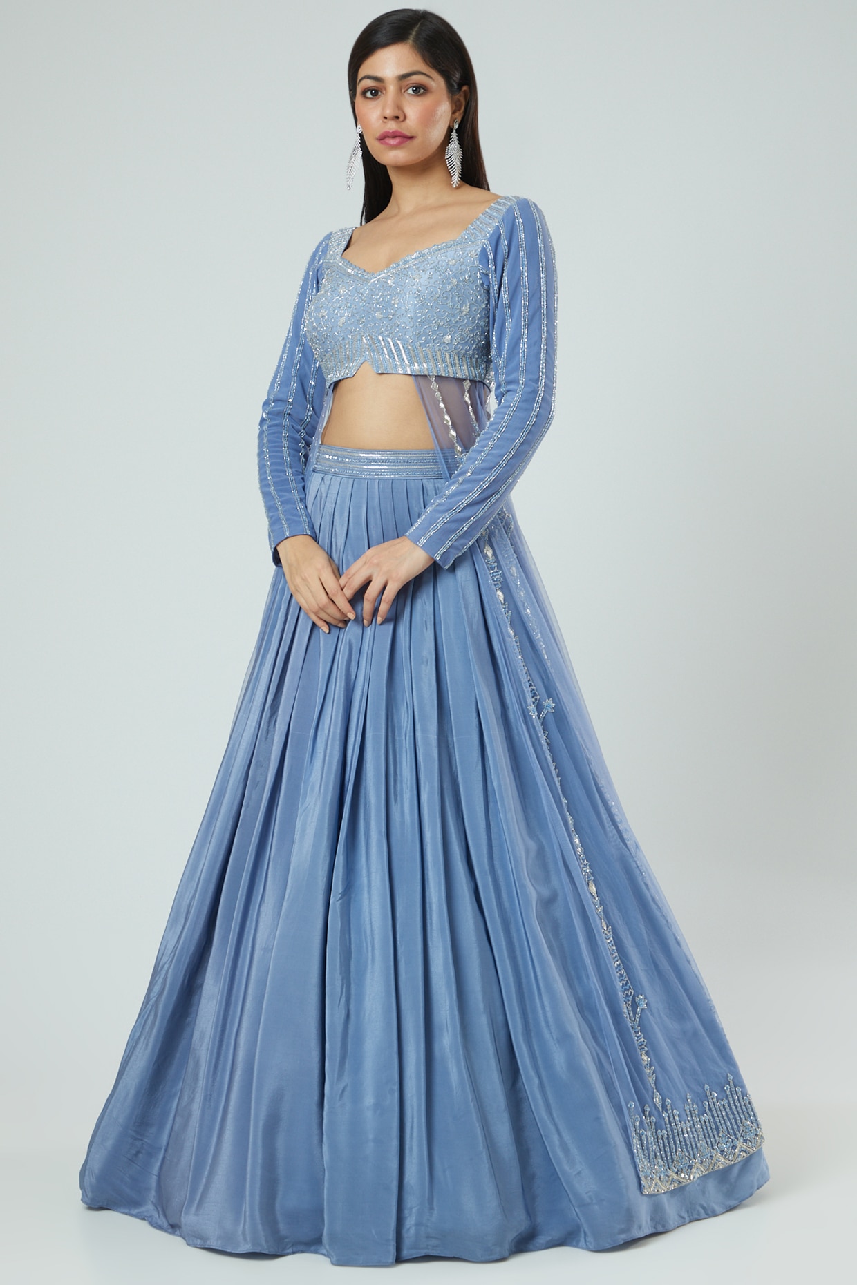 Baby blue readymade silver thread & sequin embroidered net lehenga with  intricate design crop top, skirt & net dupatta