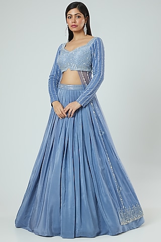 Periwinkle Blue Embroidered Jacket Lehenga Set by Disha Patil