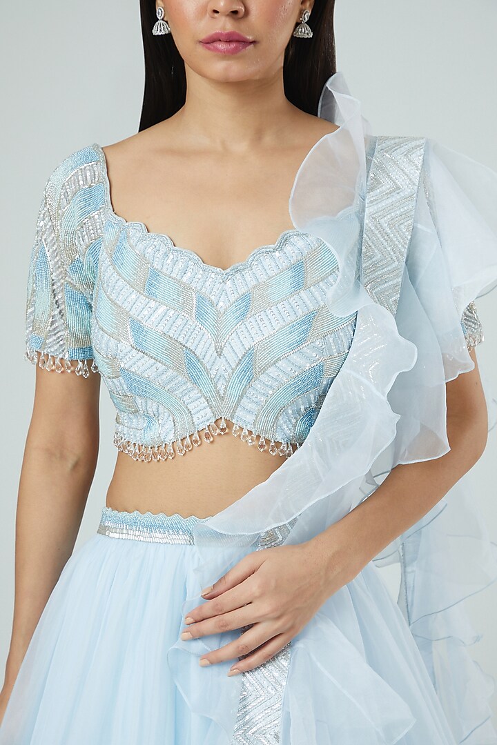 Powder Pink Organza Embroidered Wedding Lehenga Set by Disha Patil at Pernia's Pop Up Shop