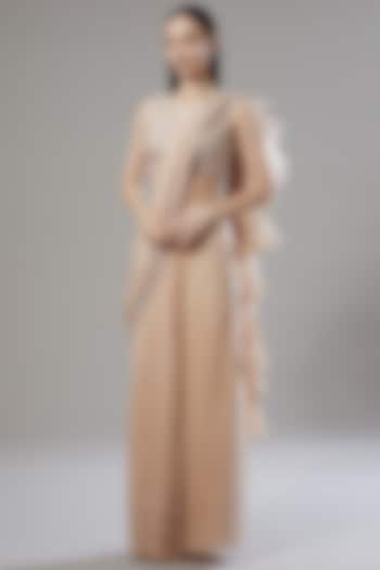 Nude Dupion Silk Sequins Embellished Draped Wedding Saree Set by Disha Patil at Pernia's Pop Up Shop