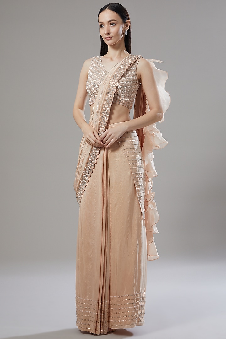 Nude Dupion Silk Sequins Embellished Draped Wedding Saree Set by Disha Patil at Pernia's Pop Up Shop