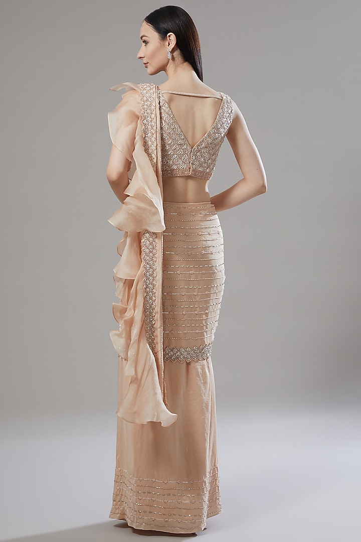 Nude Dupion Silk Sequins Embellished Draped Wedding Saree Set by Disha Patil at Pernia's Pop Up Shop