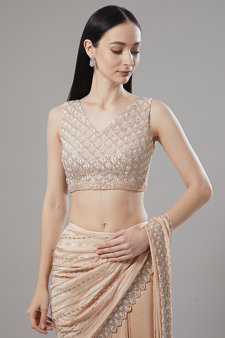 Nude Dupion Silk Sequins Embellished Draped Wedding Saree Set by Disha Patil at Pernia's Pop Up Shop