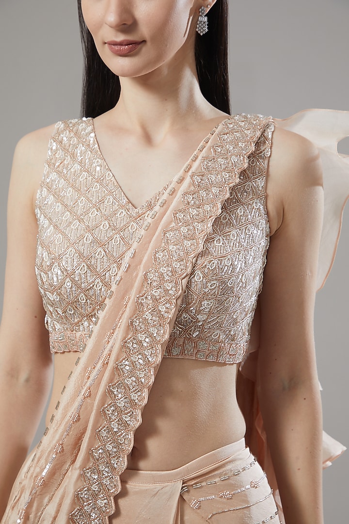Nude Dupion Silk Sequins Embellished Draped Wedding Saree Set by Disha Patil at Pernia's Pop Up Shop