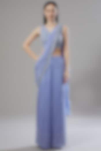Periwinkle Blue Embellished Draped Saree Set by Disha Patil