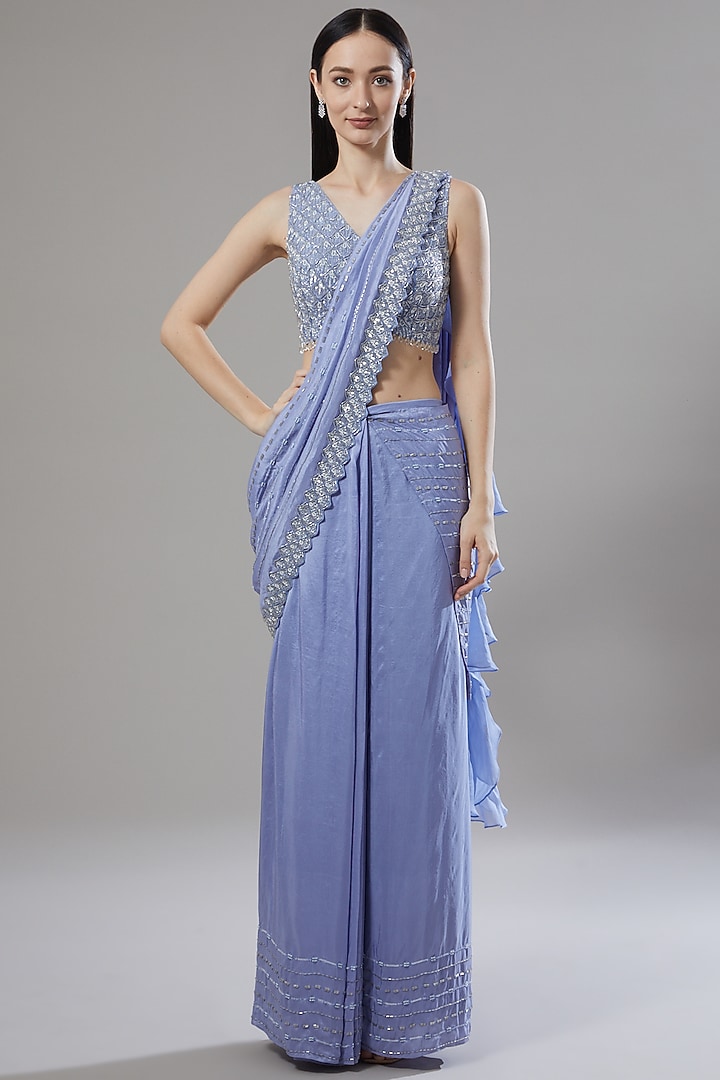 Periwinkle Blue Embellished Draped Wedding Saree Set by Disha Patil at Pernia's Pop Up Shop