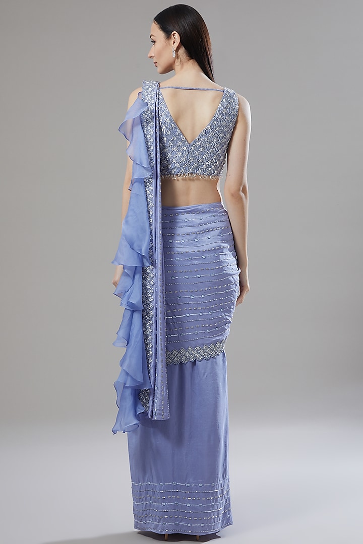 Periwinkle Blue Embellished Draped Wedding Saree Set by Disha Patil at Pernia's Pop Up Shop