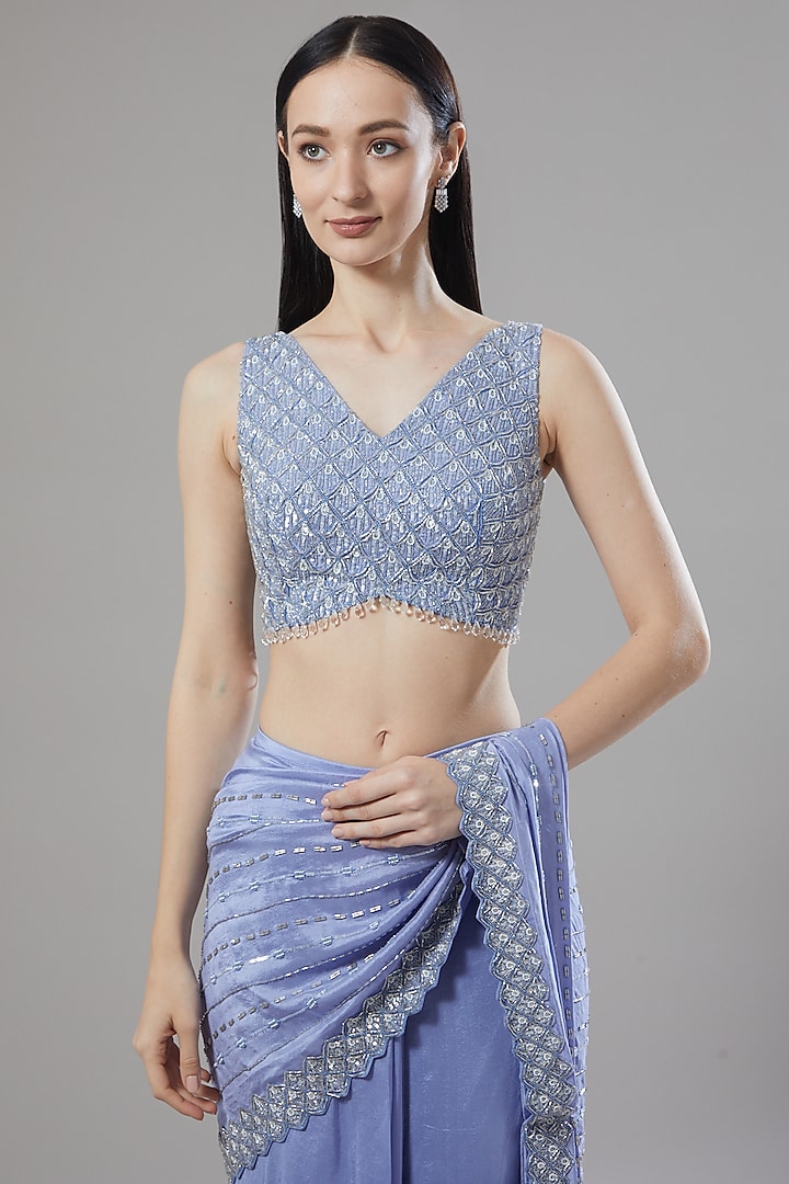 Periwinkle Blue Embellished Draped Wedding Saree Set by Disha Patil at Pernia's Pop Up Shop