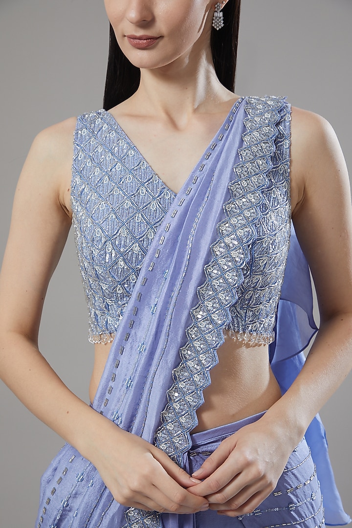 Periwinkle Blue Embellished Draped Wedding Saree Set by Disha Patil at Pernia's Pop Up Shop