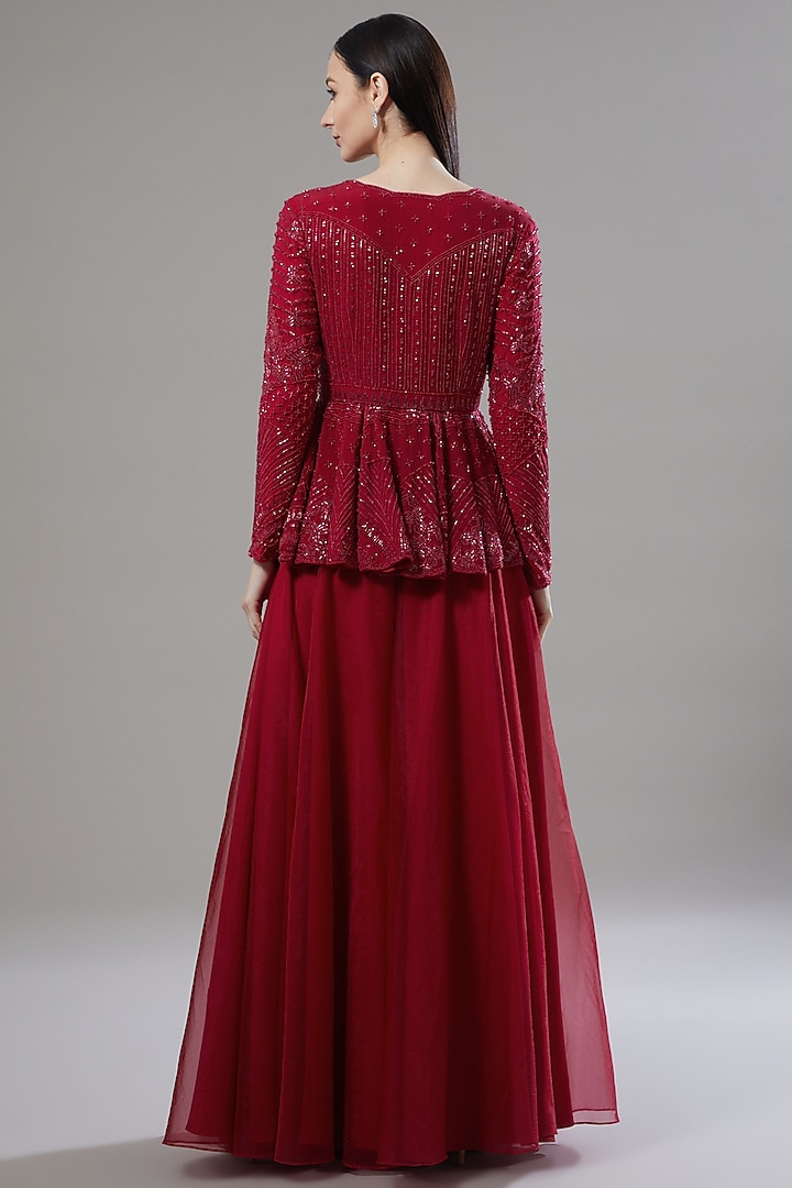 Cherry Red Embroidered Kurta Set by Disha Patil at Pernia's Pop Up Shop