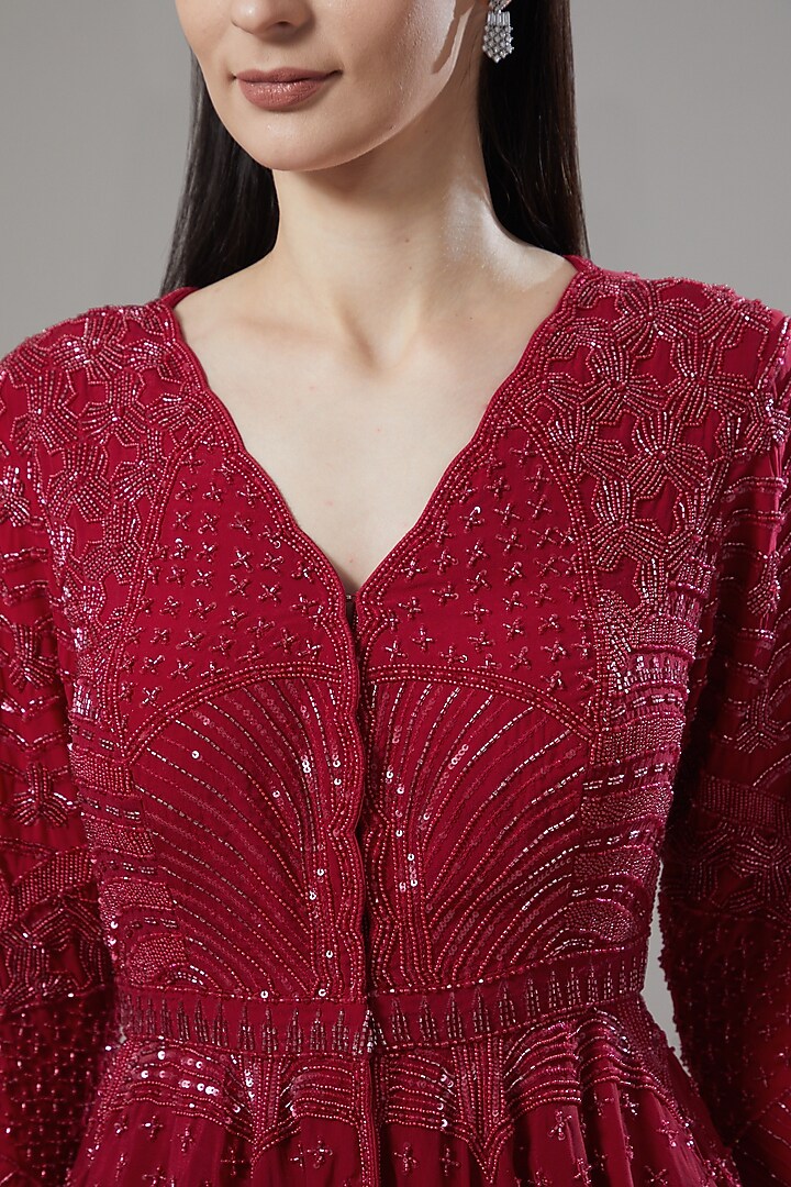 Cherry Red Embroidered Kurta Set by Disha Patil at Pernia's Pop Up Shop