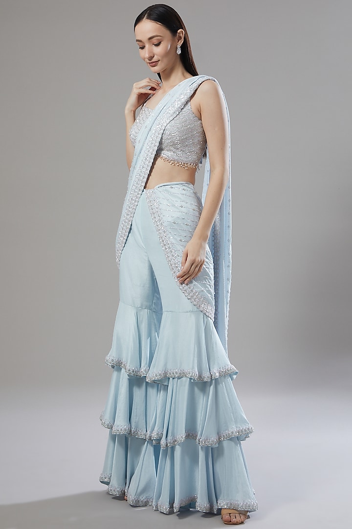 Powder Blue Dupion Silk Sequins Embroidered Pant Saree Set by Disha Patil