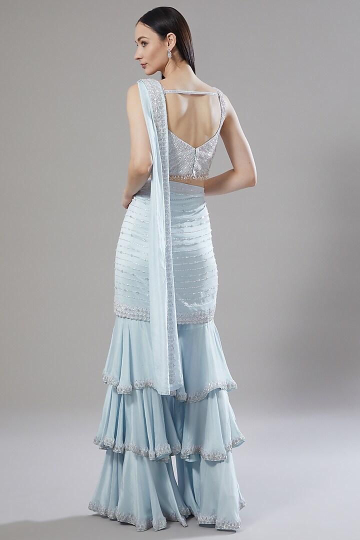 Powder Blue Dupion Silk Sequins Embroidered Pant Wedding Saree Set by Disha Patil at Pernia's Pop Up Shop