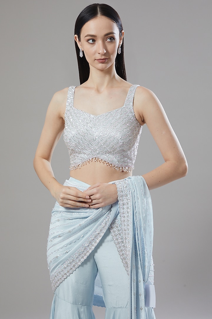 Powder Blue Dupion Silk Sequins Embroidered Pant Wedding Saree Set by Disha Patil at Pernia's Pop Up Shop