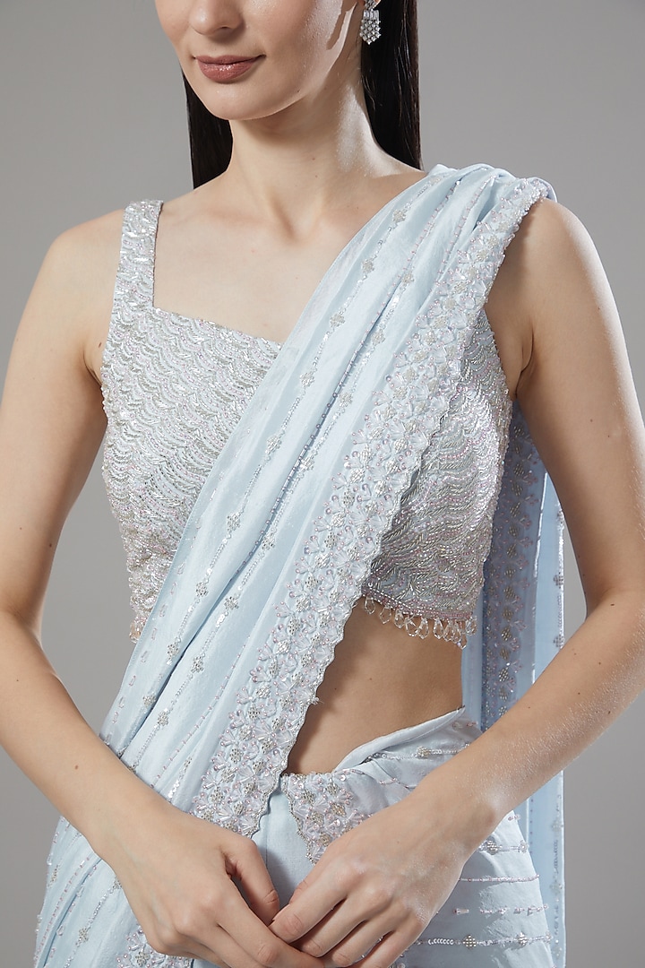 Powder Blue Dupion Silk Sequins Embroidered Pant Wedding Saree Set by Disha Patil at Pernia's Pop Up Shop