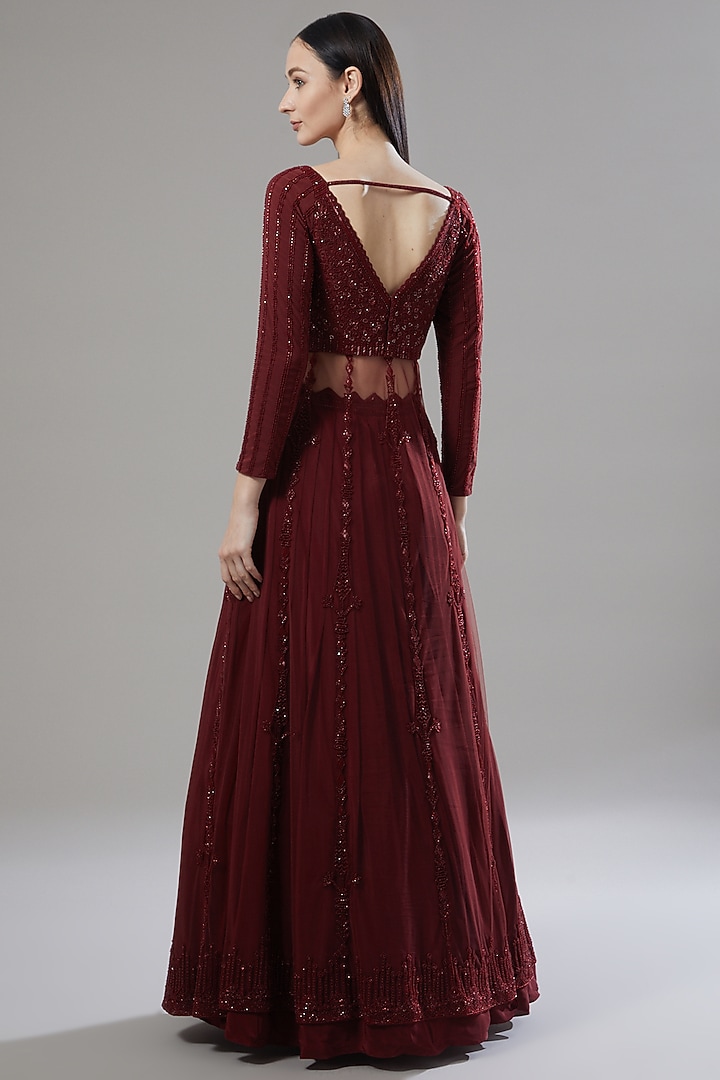 Maroon Embellished Jacket Wedding Lehenga Set by Disha Patil at Pernia's Pop Up Shop