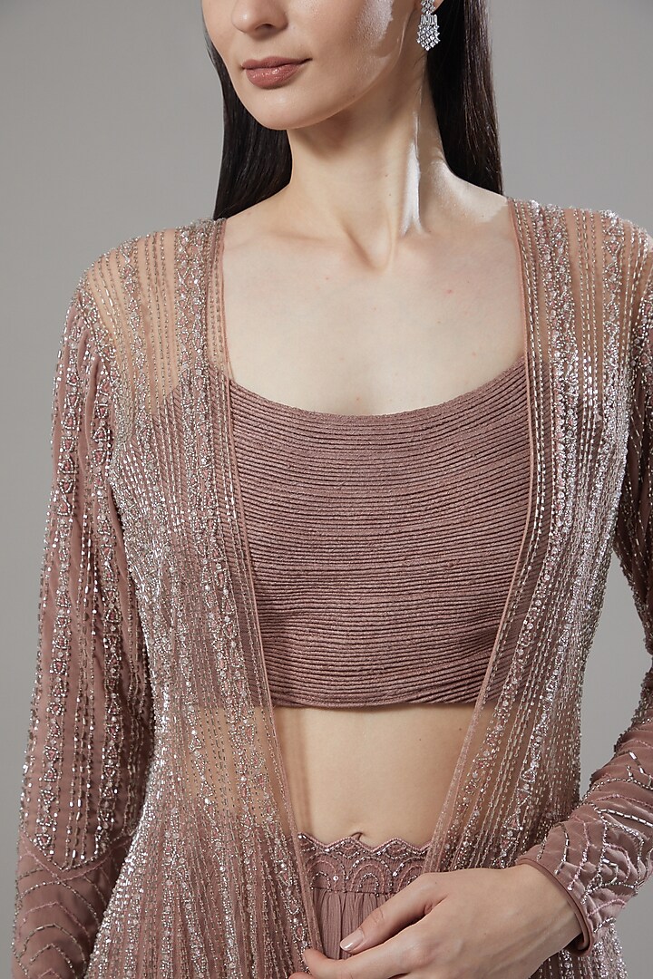 Mauve Embellished Jacket Wedding Lehenga Set by Disha Patil at Pernia's Pop Up Shop