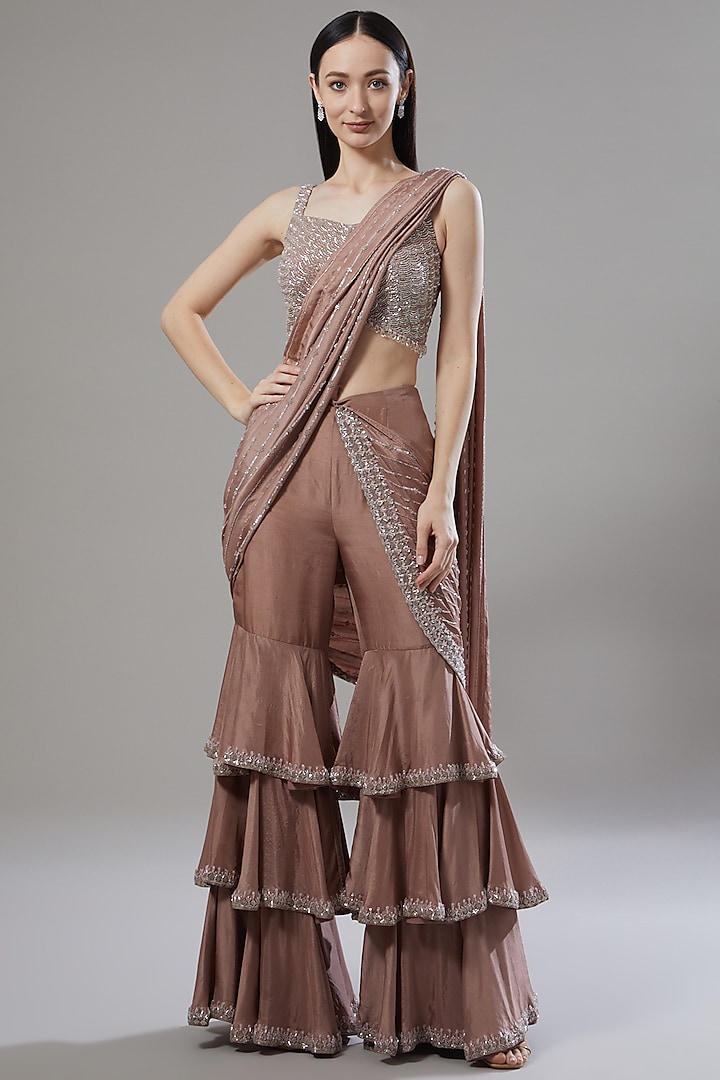 Mauve Dupion Silk Sequins Embroidered Pant Saree Set by Disha Patil