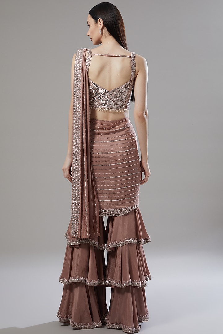 Mauve Dupion Silk Sequins Embroidered Pant Wedding Saree Set by Disha Patil at Pernia's Pop Up Shop