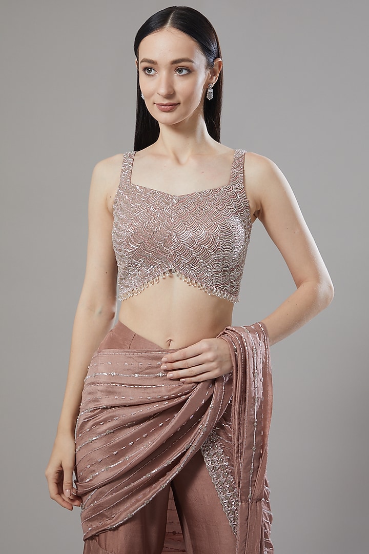 Mauve Dupion Silk Sequins Embroidered Pant Wedding Saree Set by Disha Patil at Pernia's Pop Up Shop