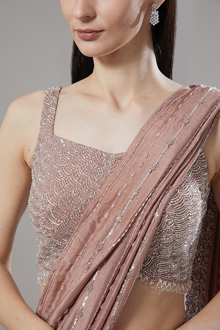 Mauve Dupion Silk Sequins Embroidered Pant Wedding Saree Set by Disha Patil at Pernia's Pop Up Shop