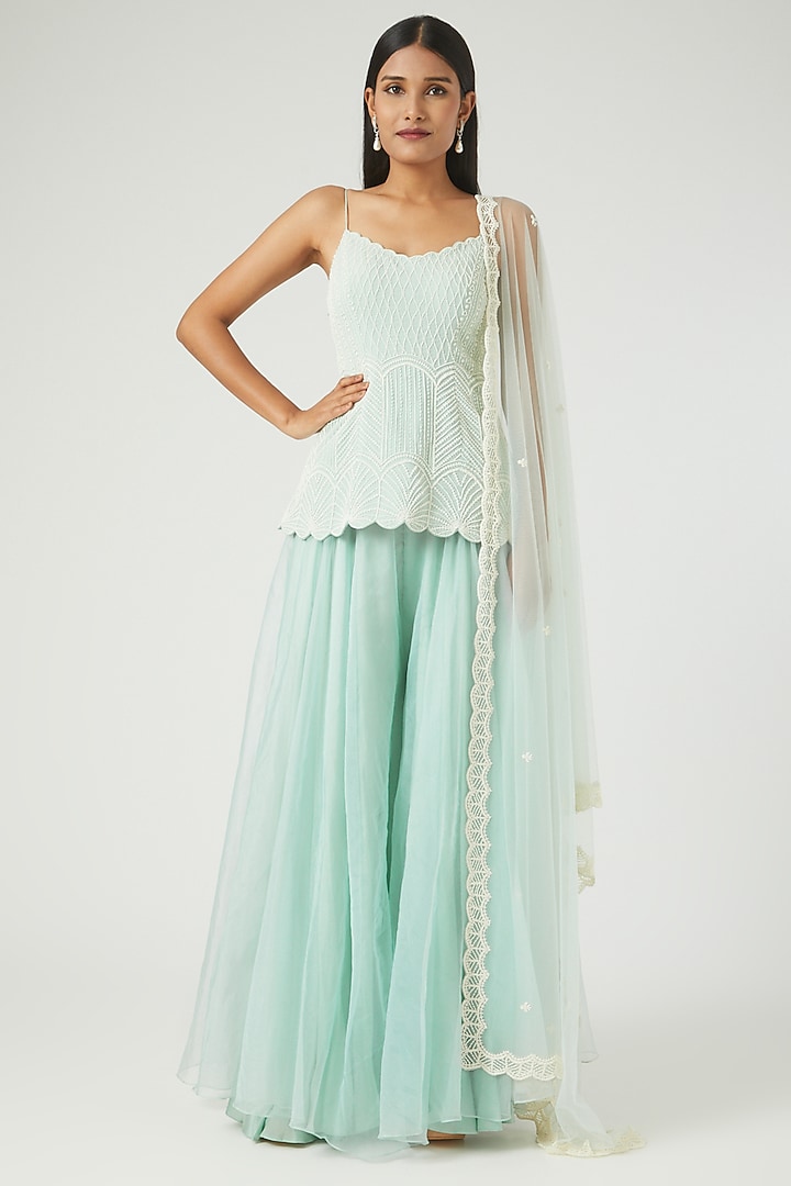 Powder Blue Organza Wedding Sharara Set by Disha Patil at Pernia's Pop Up Shop
