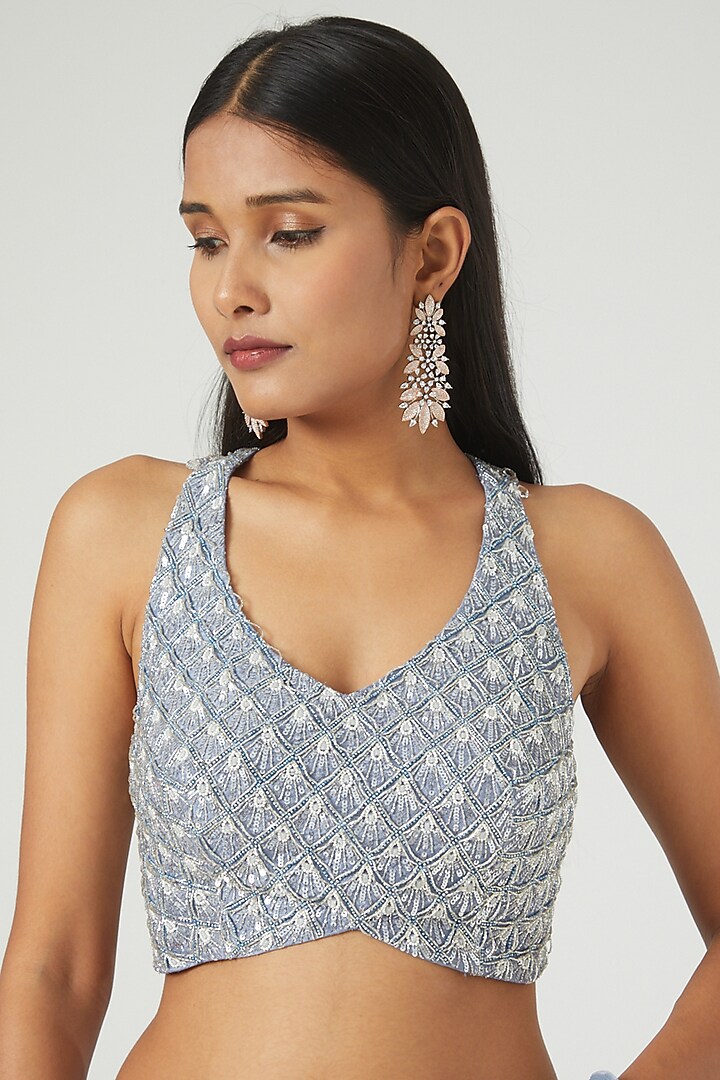 Periwinkle Blue Embroidered Wedding Saree Set by Disha Patil at Pernia's Pop Up Shop