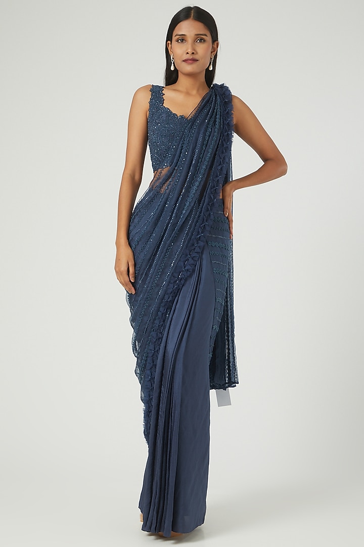 Midnight Blue Embroidered Wedding Saree Set by Disha Patil at Pernia's Pop Up Shop