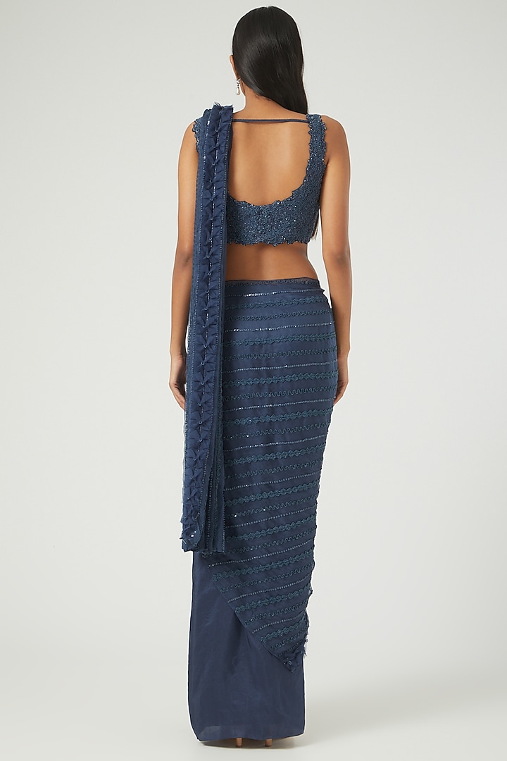 Midnight Blue Embroidered Wedding Saree Set by Disha Patil at Pernia's Pop Up Shop