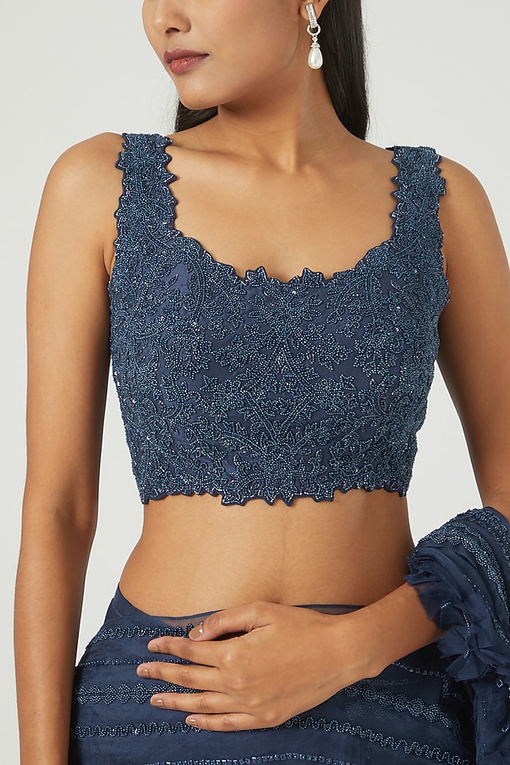 Midnight Blue Embroidered Wedding Saree Set by Disha Patil at Pernia's Pop Up Shop