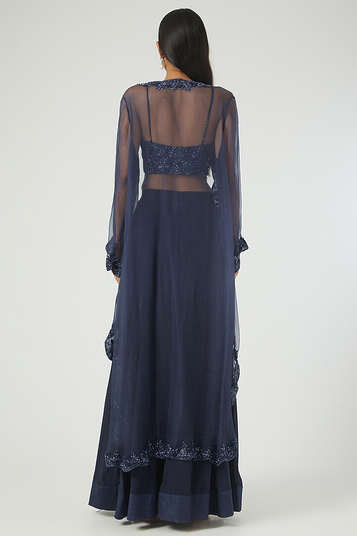 Midnight Blue Organza Cape Set by Disha Patil at Pernia's Pop Up Shop