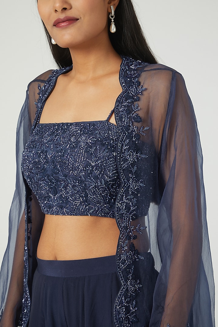 Midnight Blue Organza Cape Set by Disha Patil at Pernia's Pop Up Shop